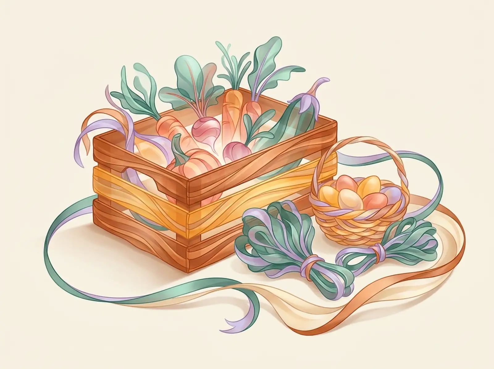 A farm stand scene sculpted from woven reeds: a produce crate, an egg basket, and bundled greens