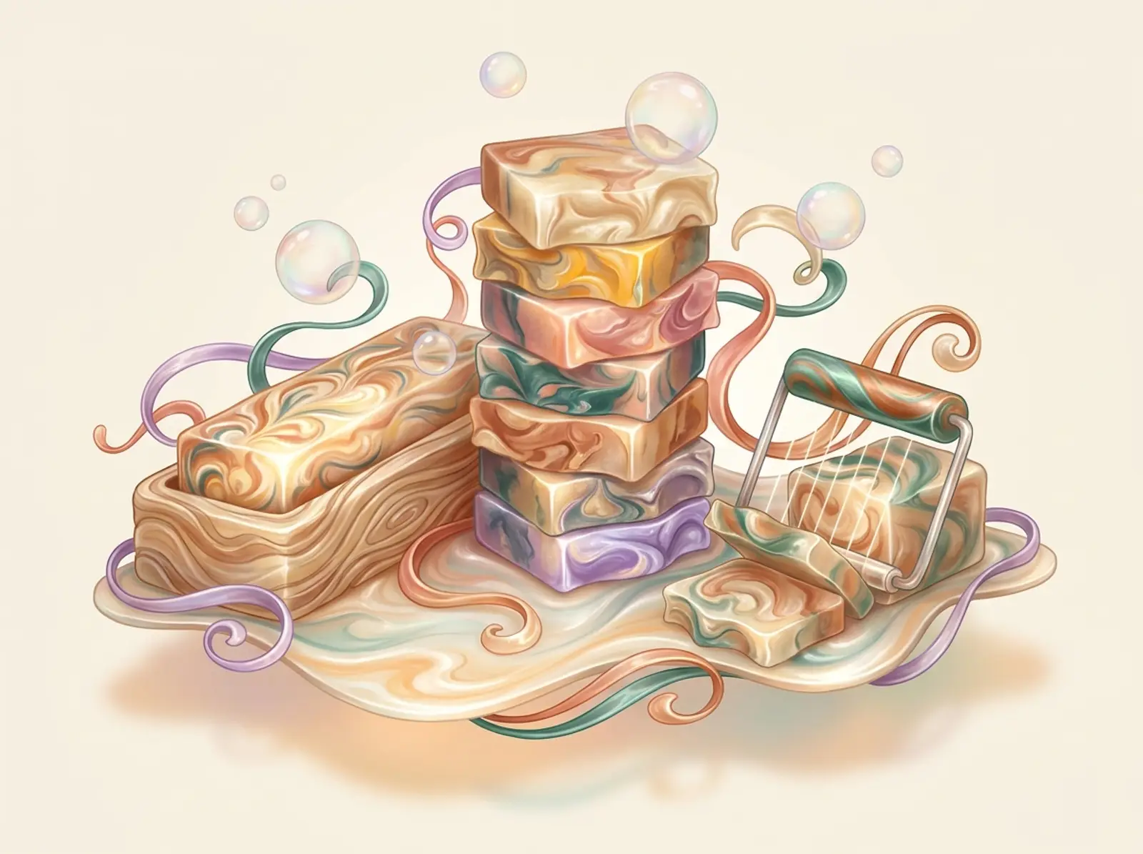 A soap maker's workbench sculpted from swirled soap: a stack of bars, a loaf in its mold, and a wire cutter