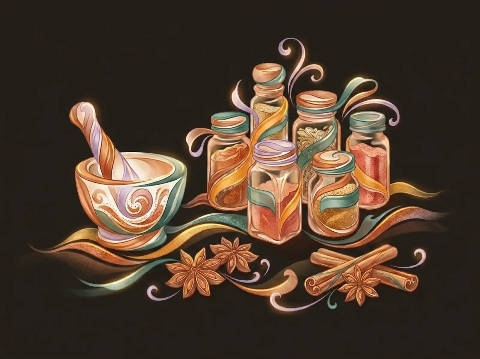 A spice blending scene sculpted from ground spice: jars, a mortar and pestle, and star anise