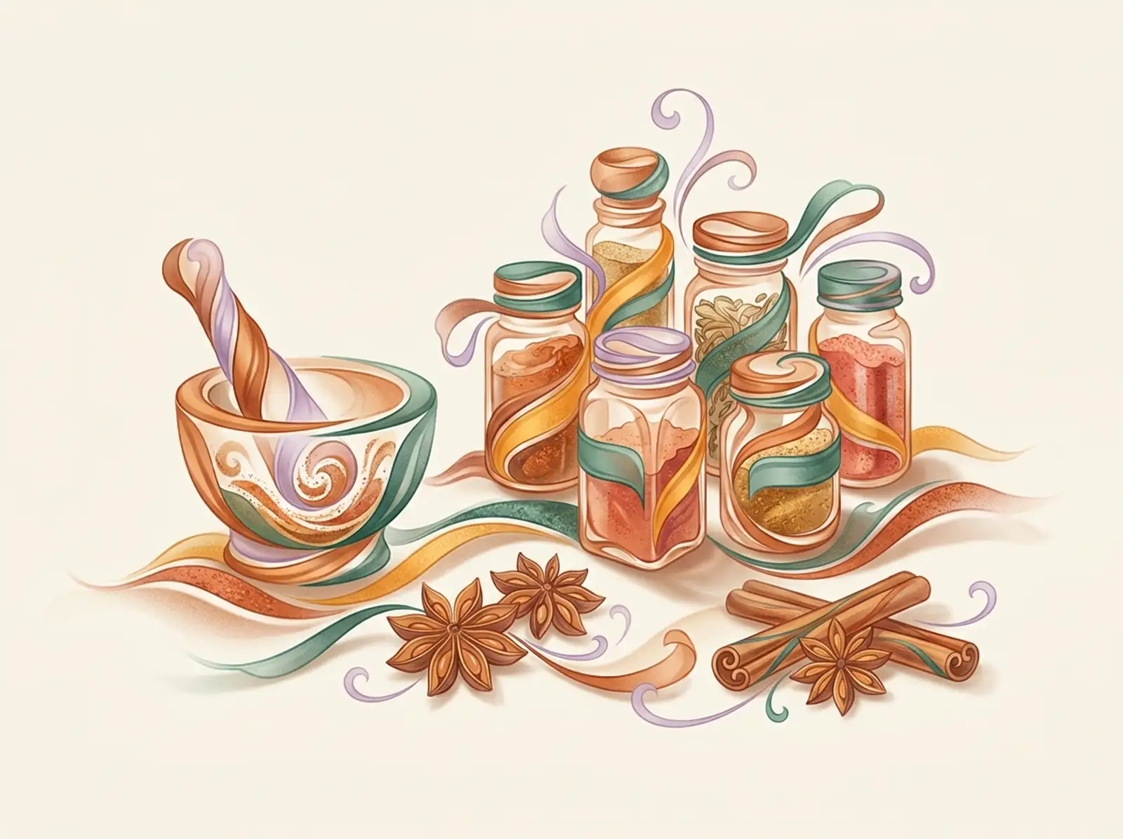 A spice blending scene sculpted from ground spice: jars, a mortar and pestle, and star anise