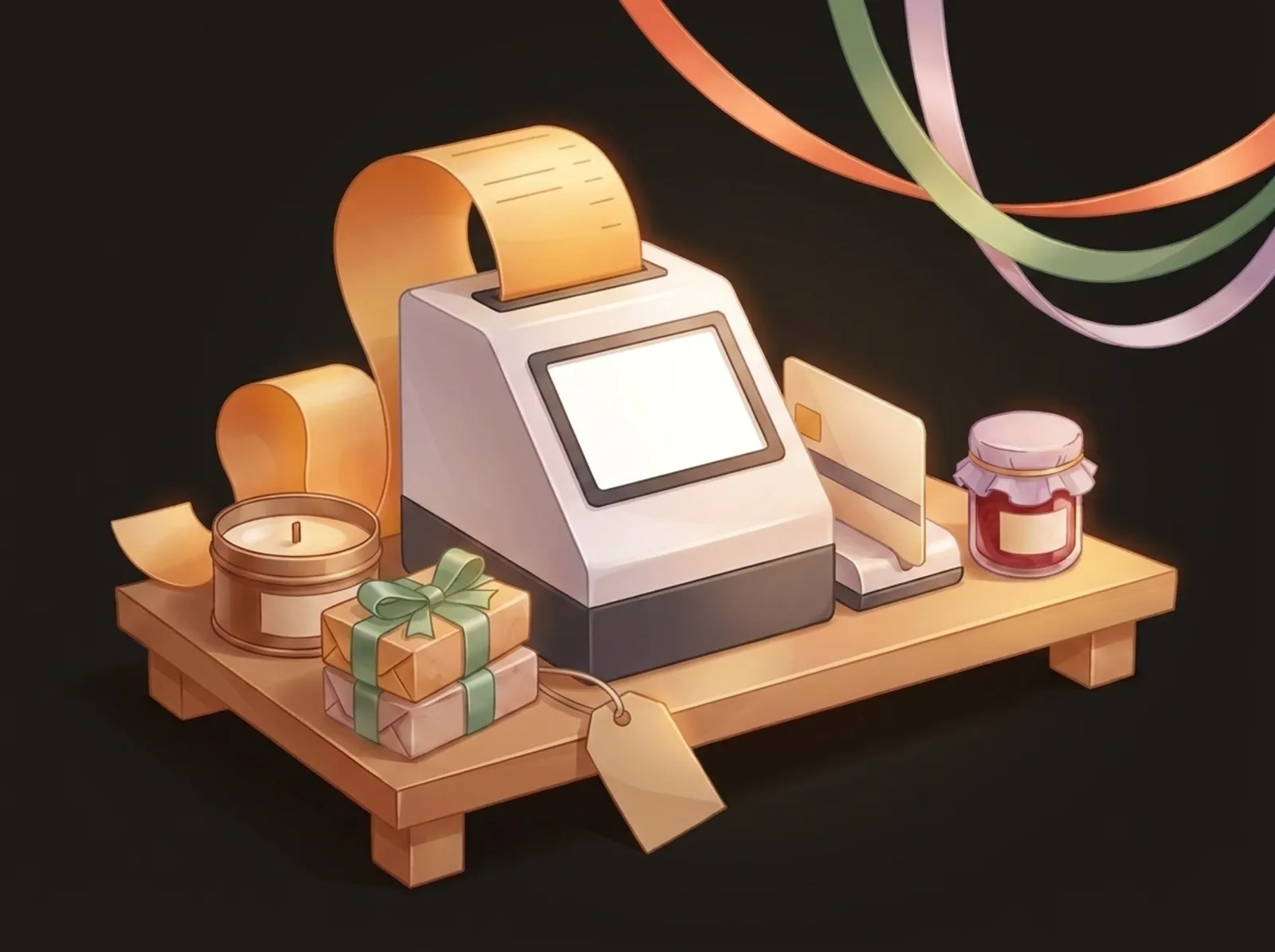 A market checkout counter sculpted from glossy paper and satin ribbon: a countertop card terminal printing a receipt, a card reader, a candle, wrapped soaps, a jar of jam, and a price tag