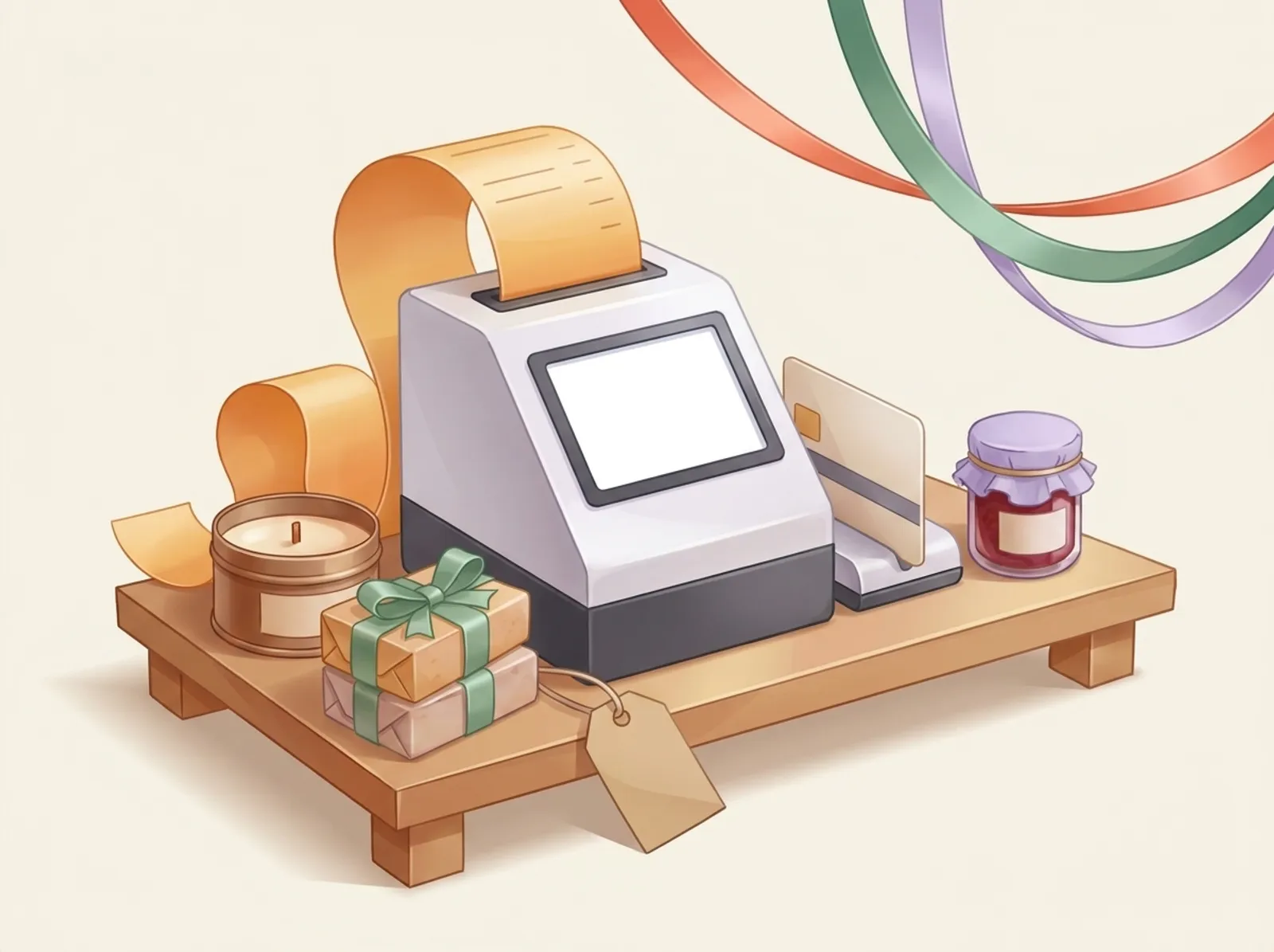 A market checkout counter sculpted from glossy paper and satin ribbon: a countertop card terminal printing a receipt, a card reader, a candle, wrapped soaps, a jar of jam, and a price tag