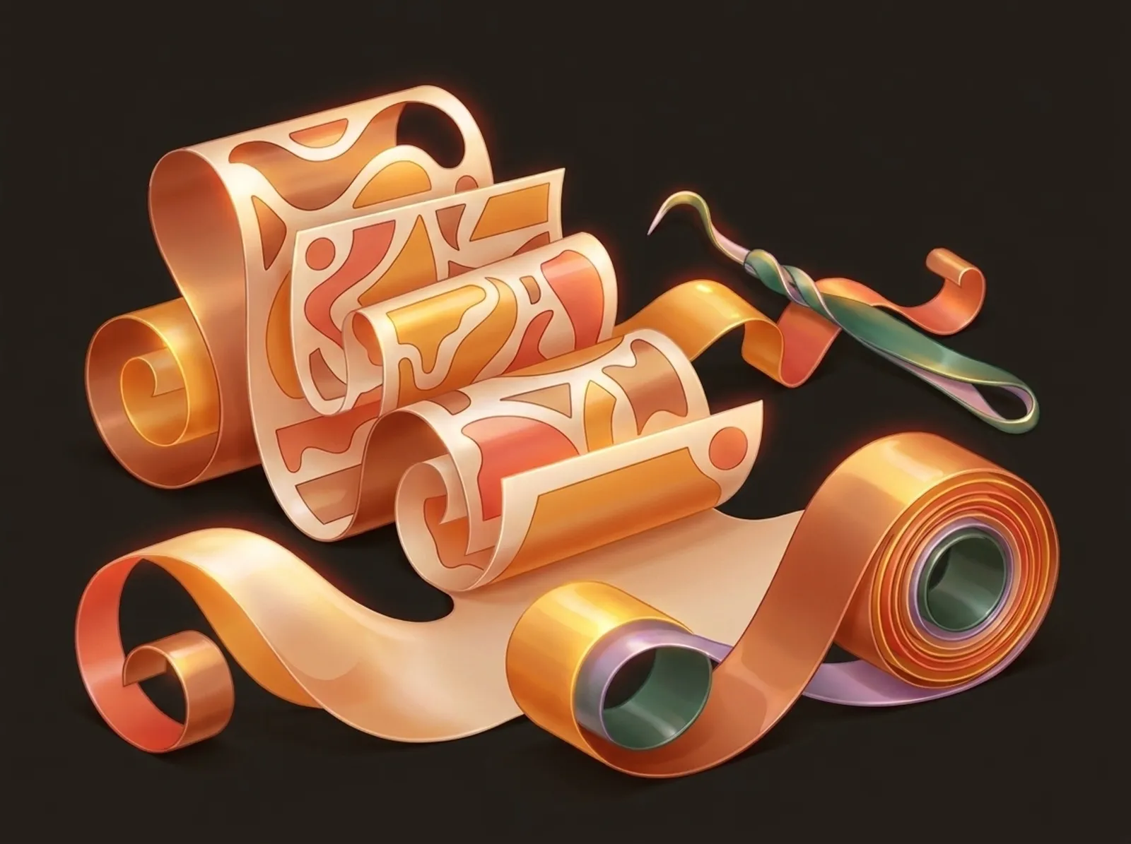 A sticker-making scene sculpted from curling vinyl: die-cut sticker sheets, a weeding tool, and vinyl rolls