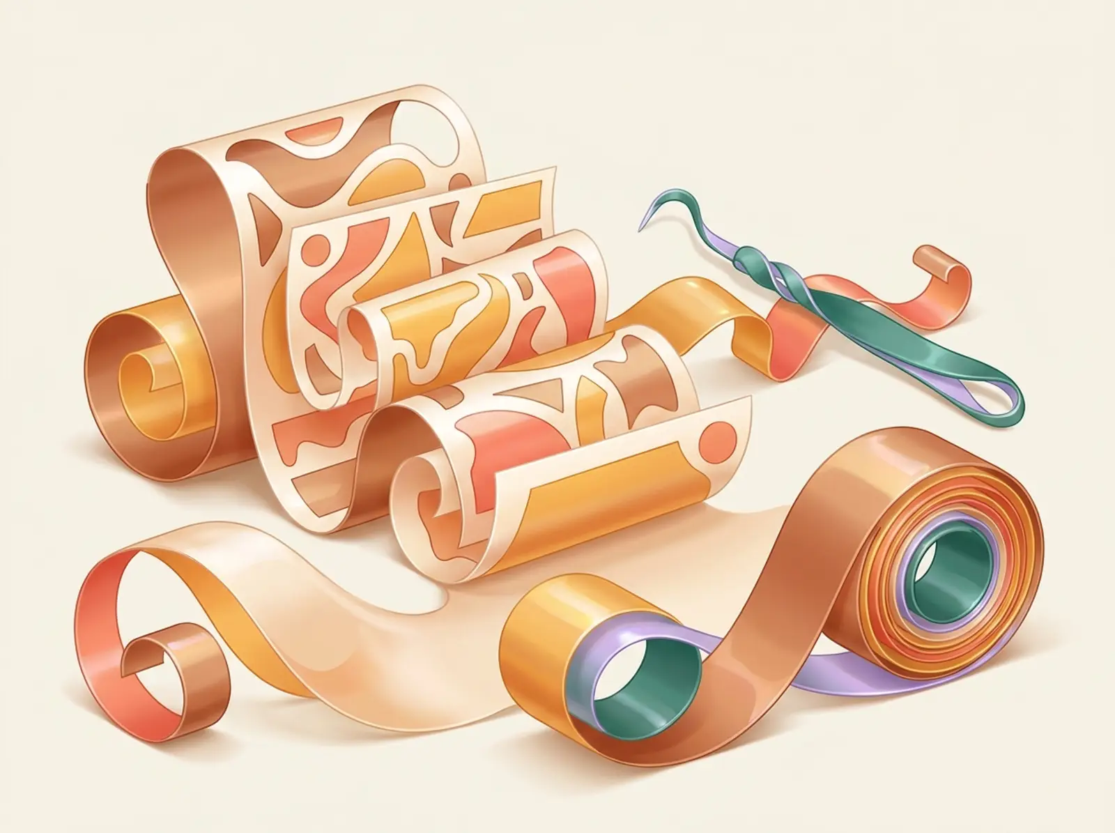 A sticker-making scene sculpted from curling vinyl: die-cut sticker sheets, a weeding tool, and vinyl rolls