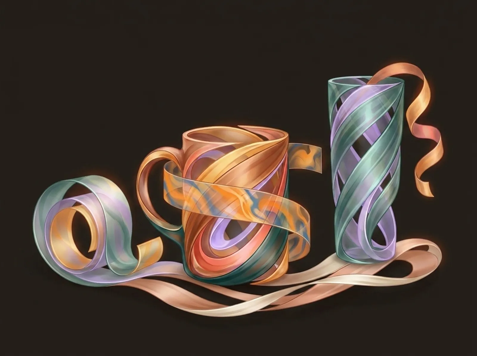 A sublimation printing scene sculpted from transfer film: a wrapped mug, a tumbler, and a curling transfer sheet