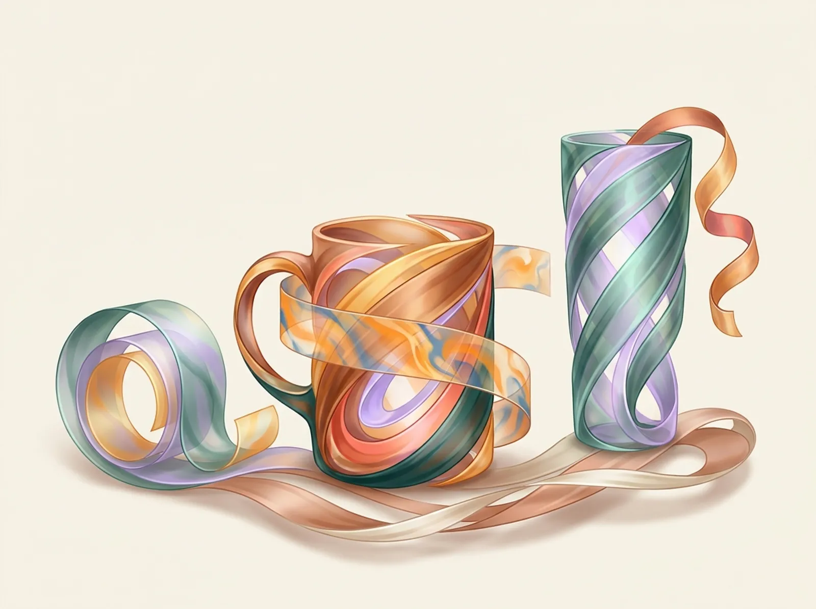 A sublimation printing scene sculpted from transfer film: a wrapped mug, a tumbler, and a curling transfer sheet