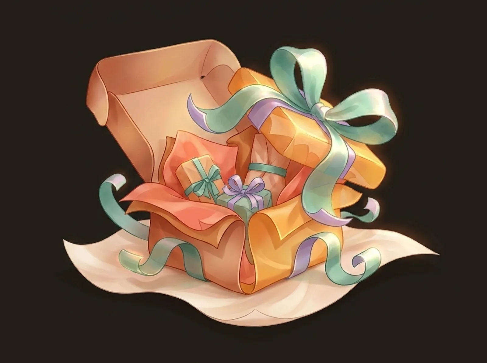 A subscription box scene sculpted from tissue and ribbon: an open box with wrapped items and a bow