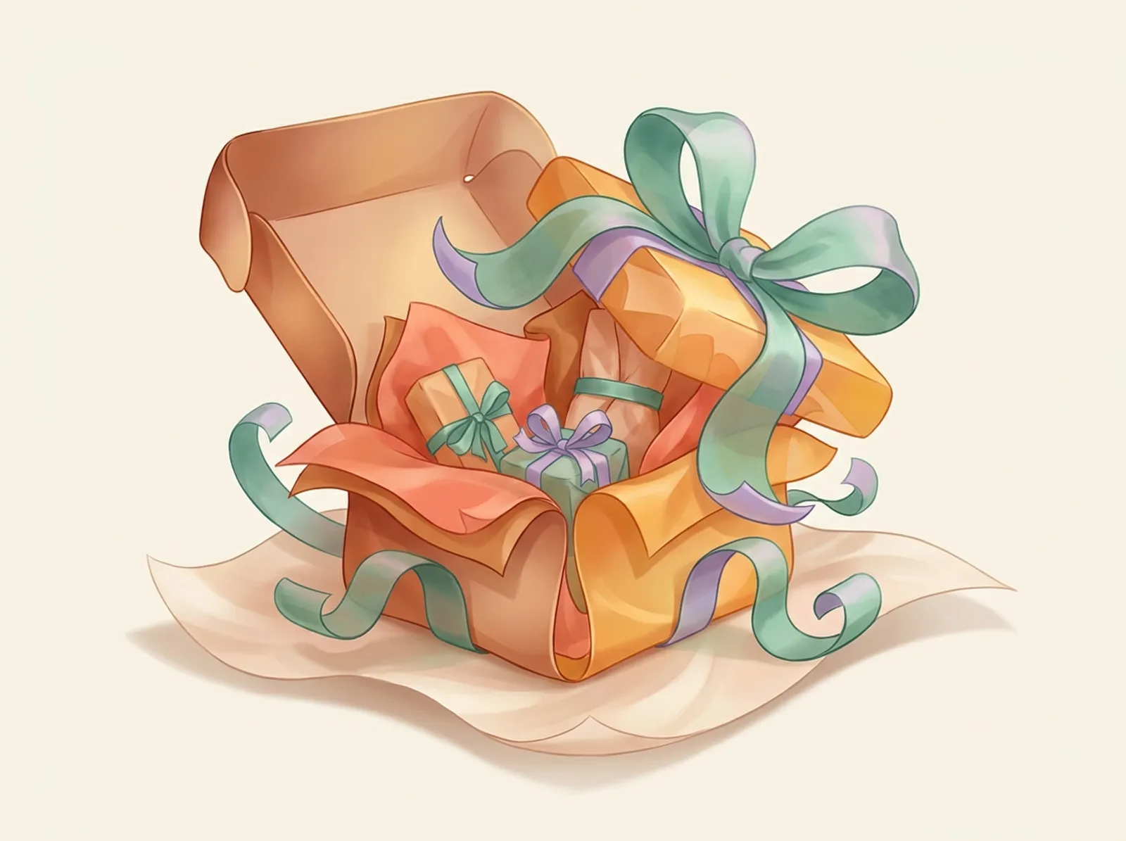 A subscription box scene sculpted from tissue and ribbon: an open box with wrapped items and a bow