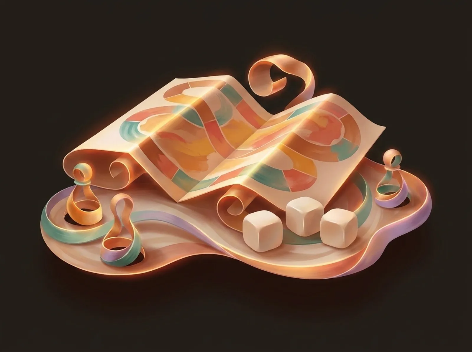 A game maker scene sculpted from cardstock: a game board, wooden pawns, and blank dice
