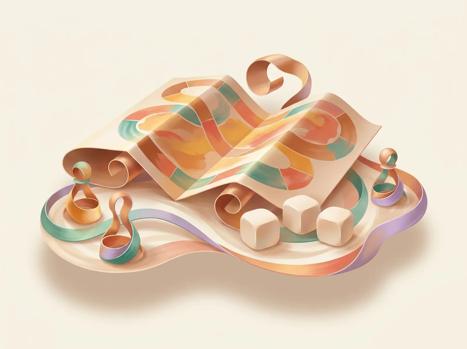 A game maker scene sculpted from cardstock: a game board, wooden pawns, and blank dice