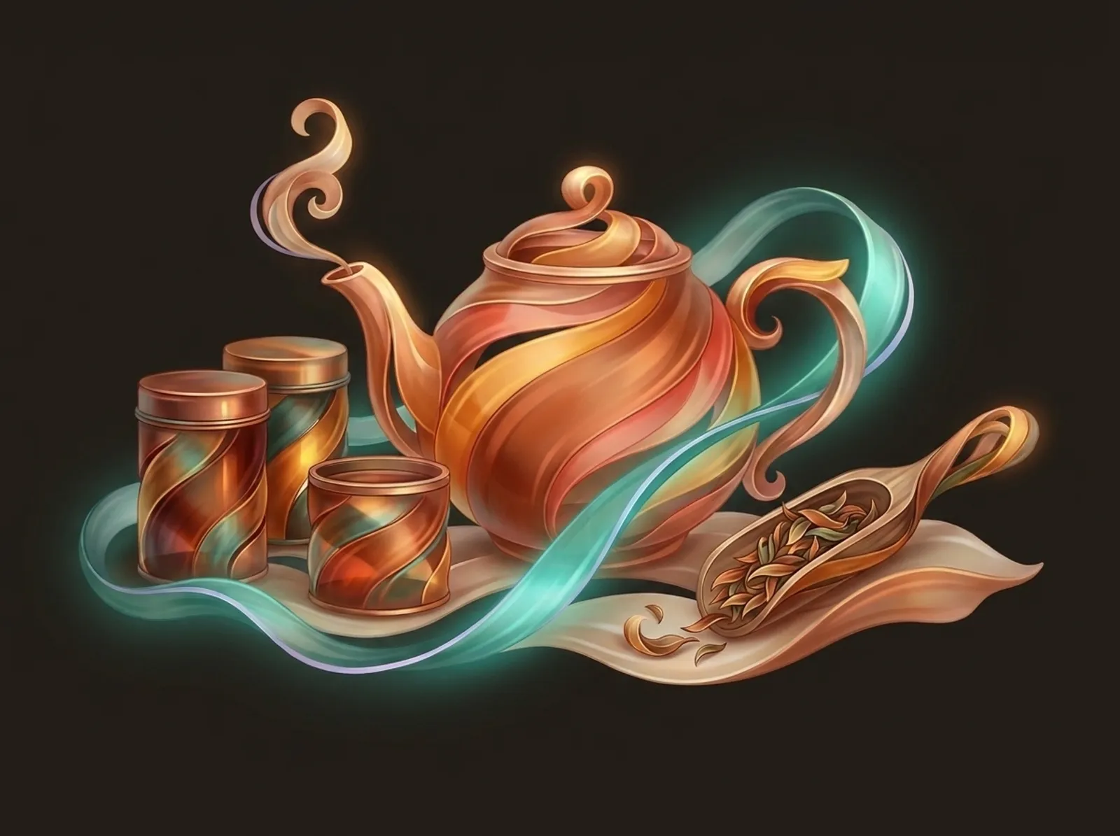 A tea blending scene sculpted from unfurling leaves: a teapot, tins, and a scoop of loose leaf