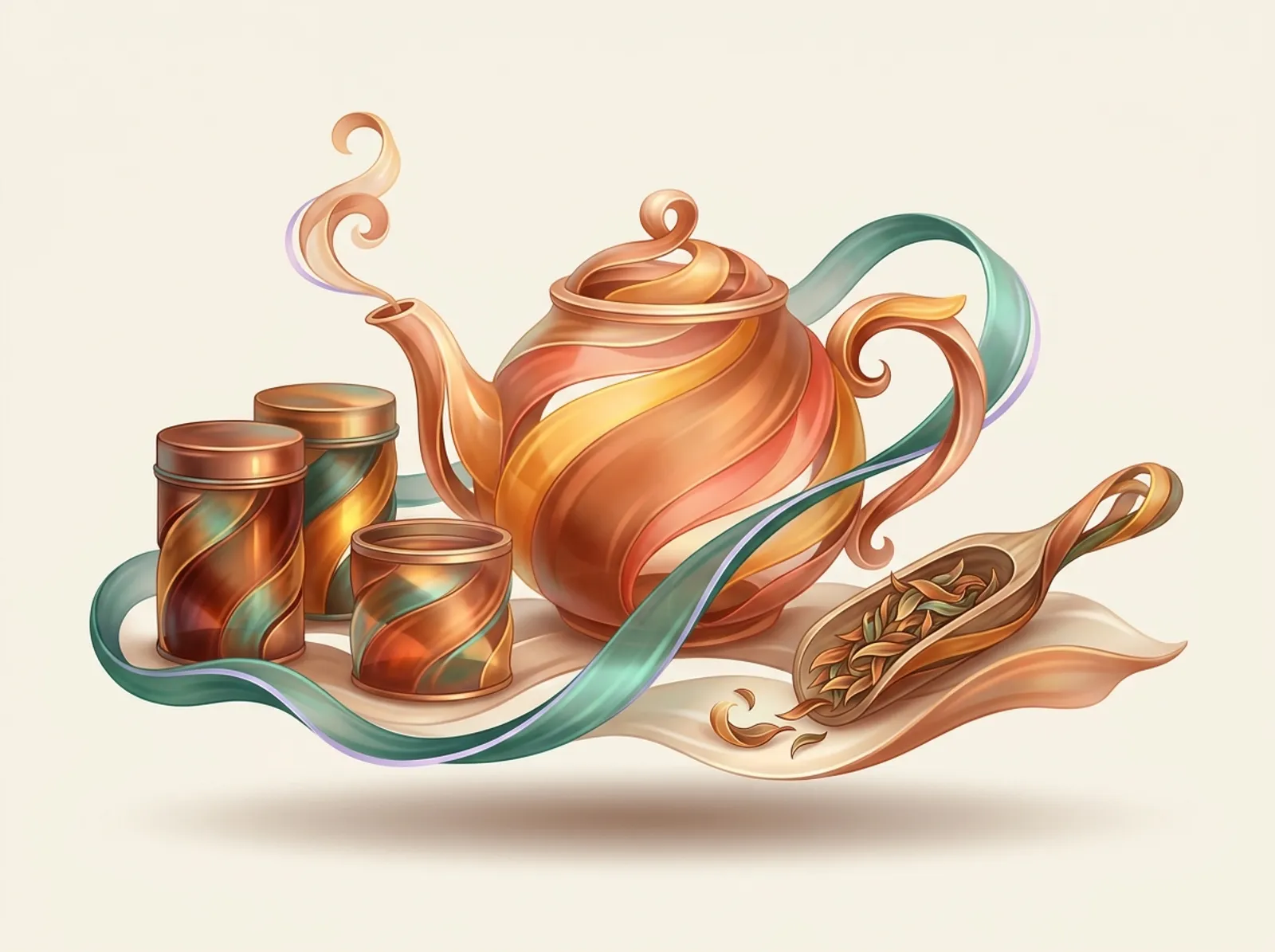 A tea blending scene sculpted from unfurling leaves: a teapot, tins, and a scoop of loose leaf