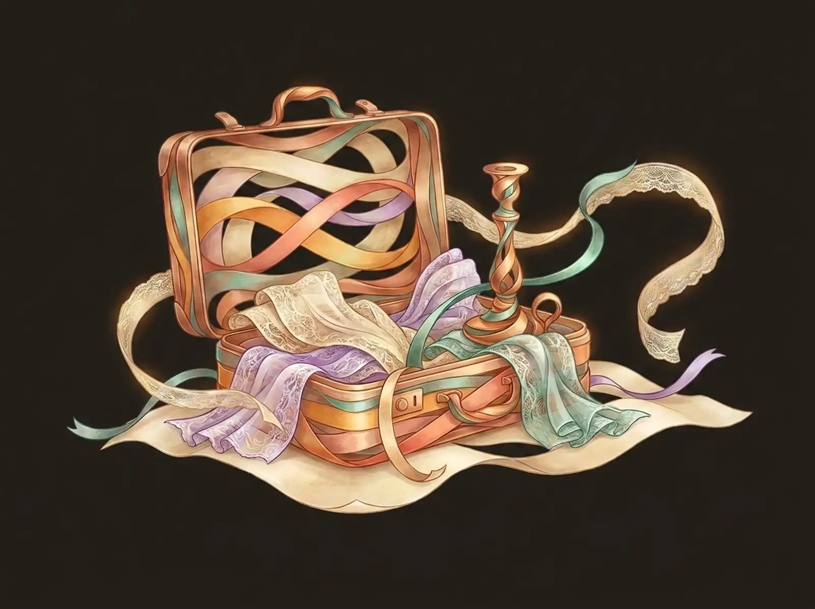 A vintage reseller scene sculpted from aged paper and lace: an open suitcase, lace textile, and a candlestick