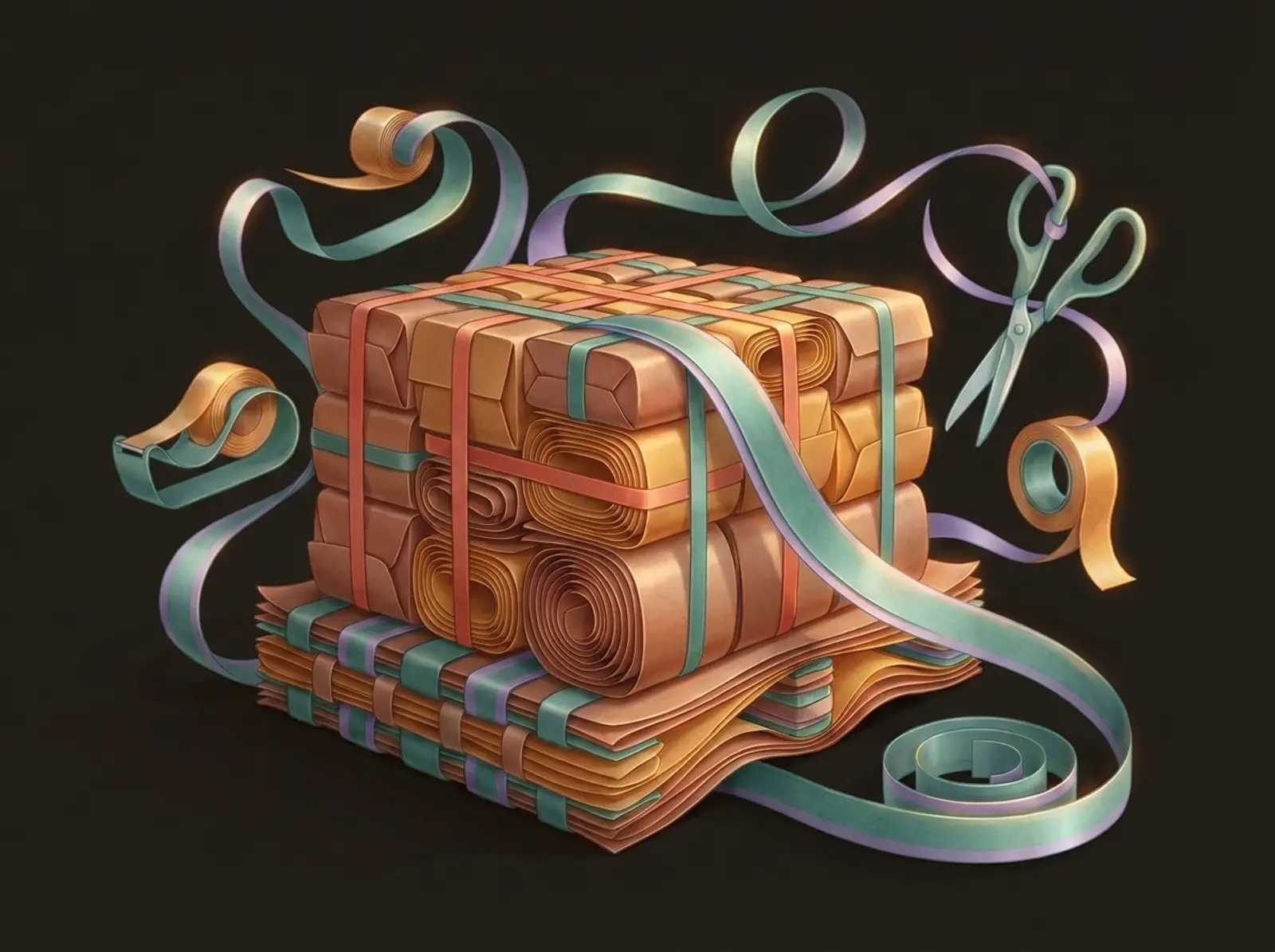 A wholesale scene sculpted from kraft paper: bundled goods, strapping ribbons, and shears