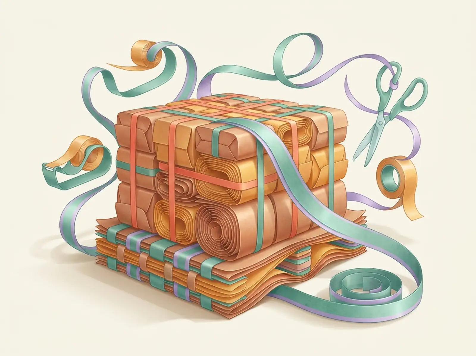 A wholesale scene sculpted from kraft paper: bundled goods, strapping ribbons, and shears
