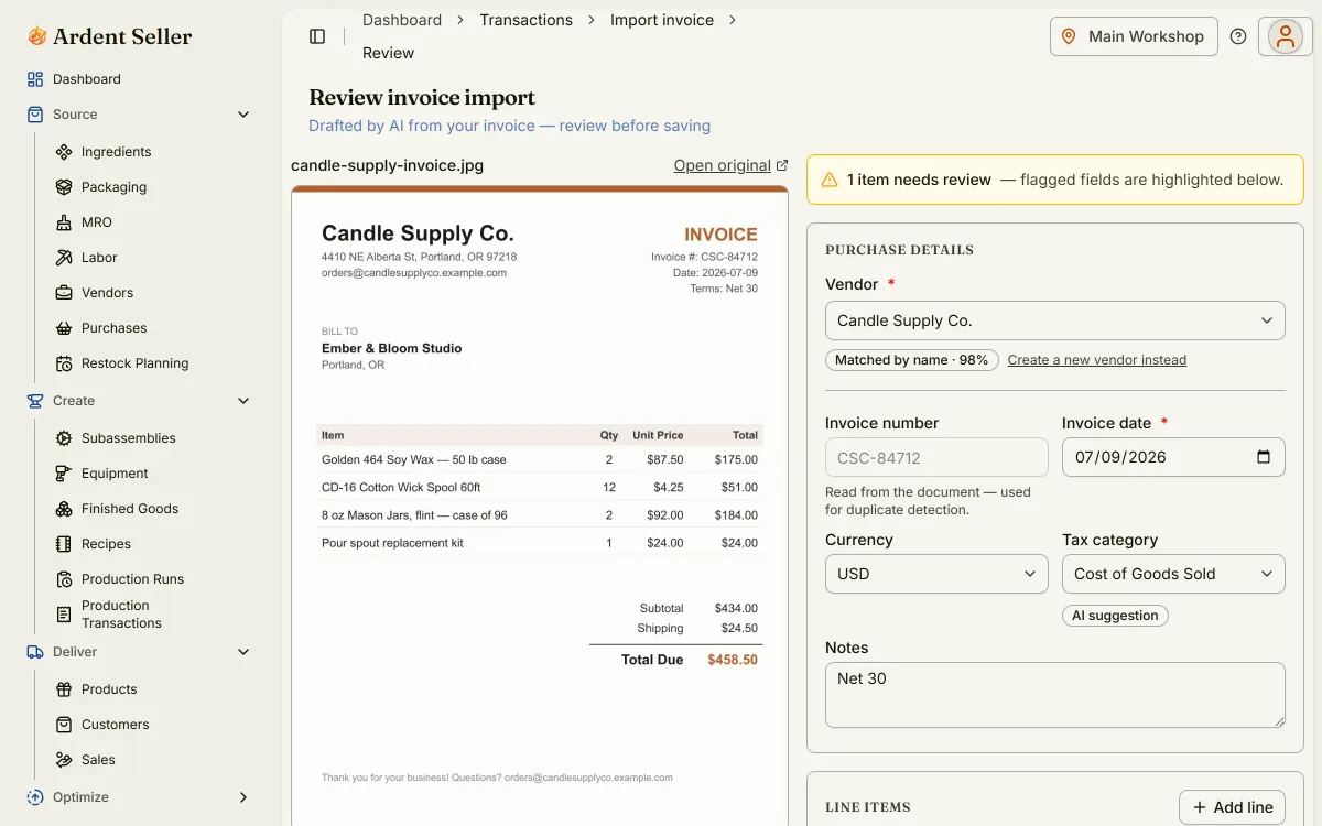 AI invoice review screen matching extracted line items to inventory in Ardent Seller