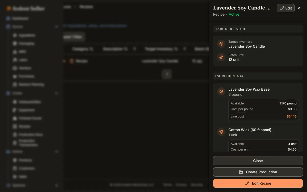 Recipe costing in Ardent Seller: ingredient lines rolling up to a true batch cost
