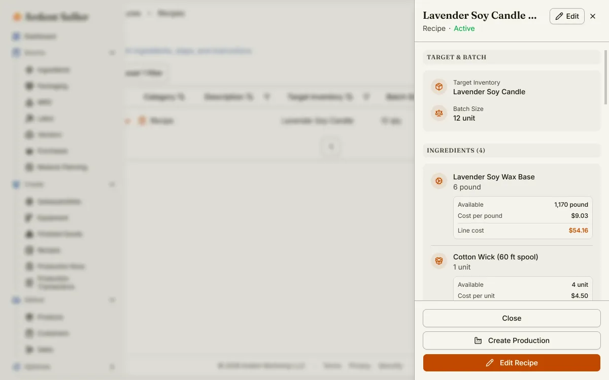 Recipe costing in Ardent Seller: ingredient lines rolling up to a true batch cost