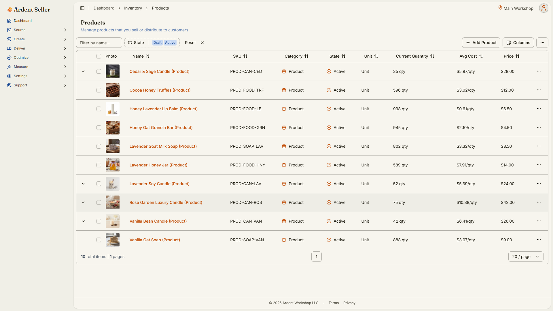 Inventory products list with stock levels and categories