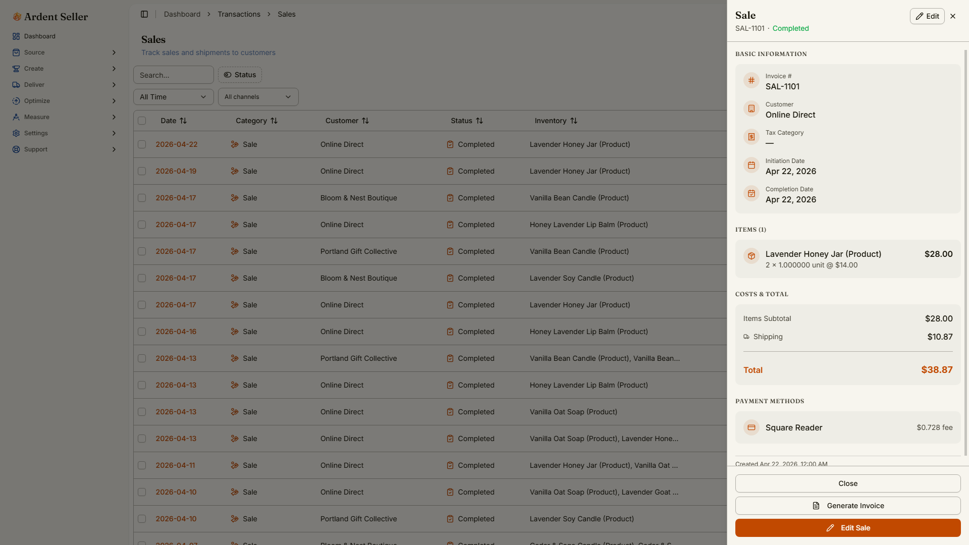 Sale detail page with line items, COGS, and profit breakdown
