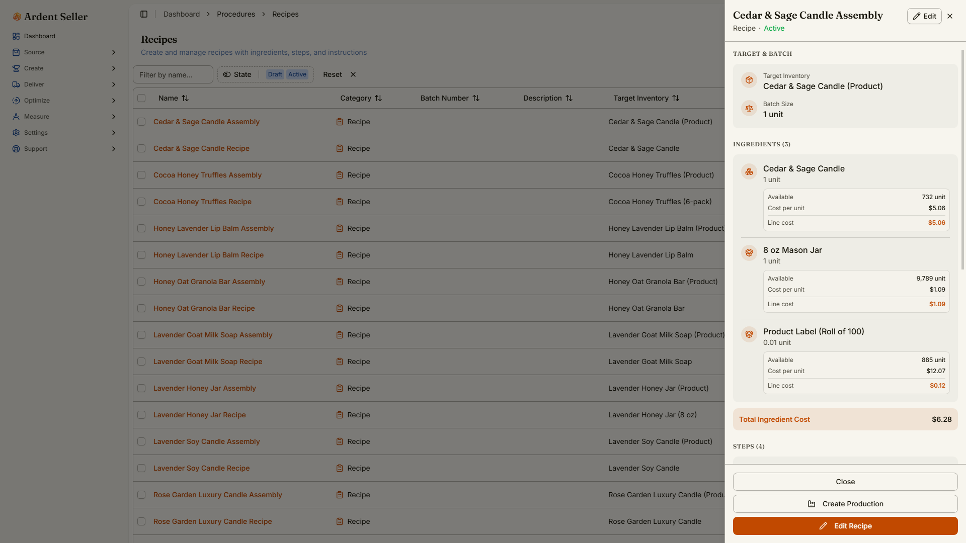 Recipe editor showing nested subassemblies and ingredient costs