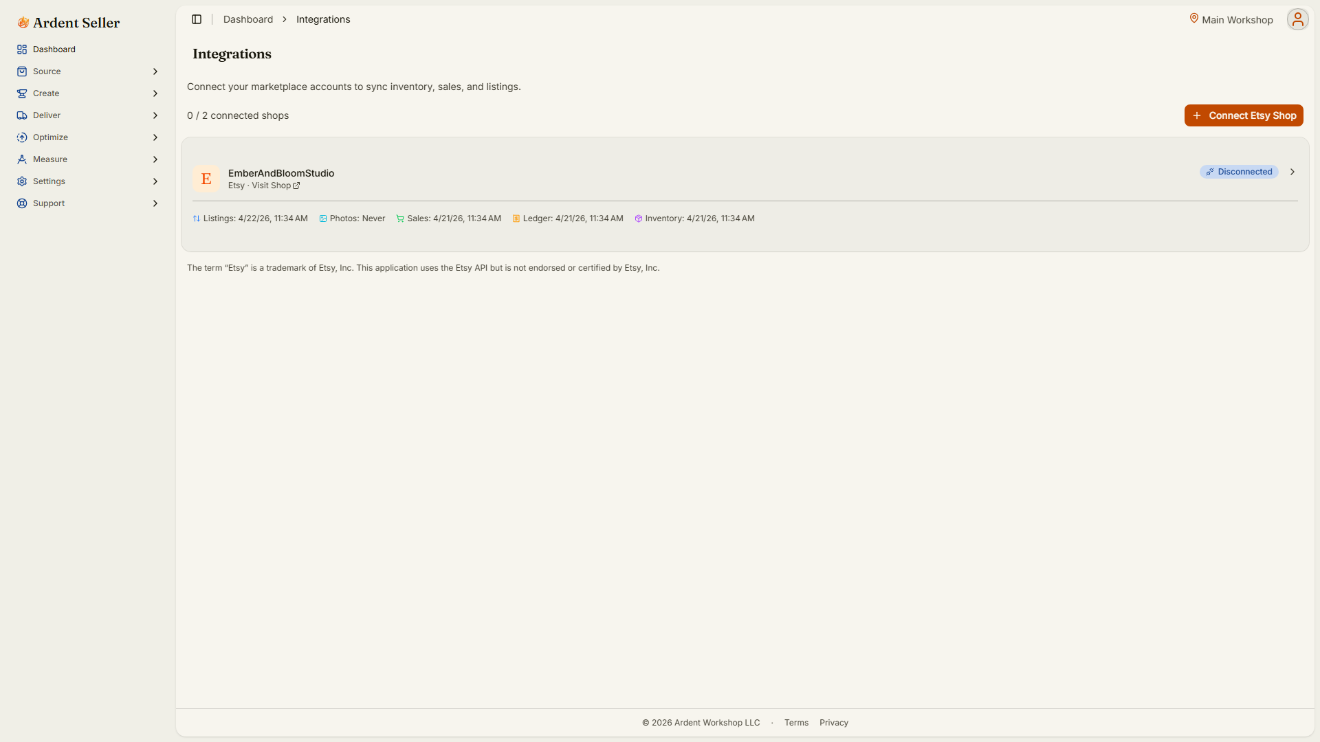 Etsy integration screen showing connected shop and synced orders